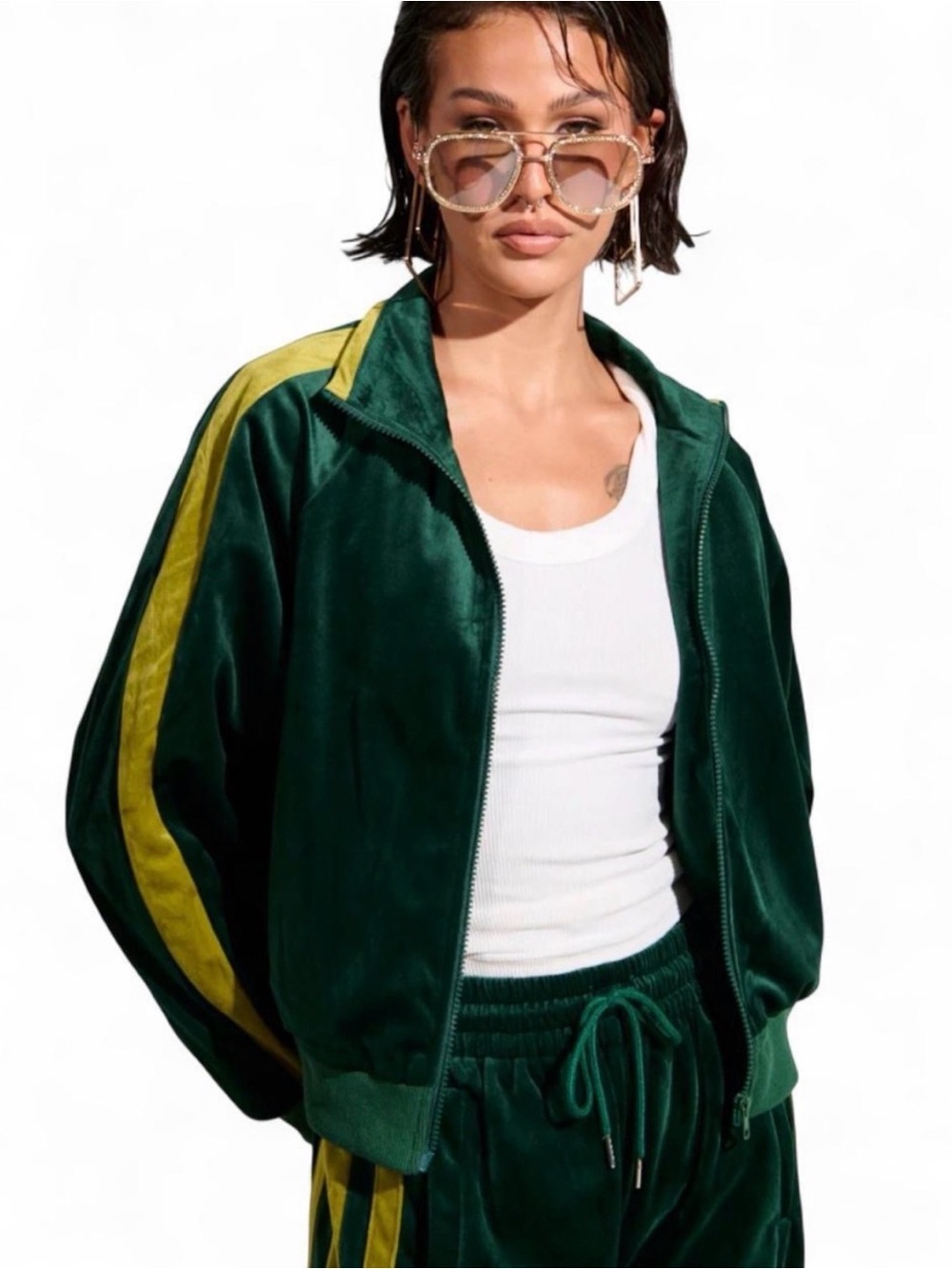 Akira Women’s Green Velvet Track Jacket Yellow Chartreuse Stripe